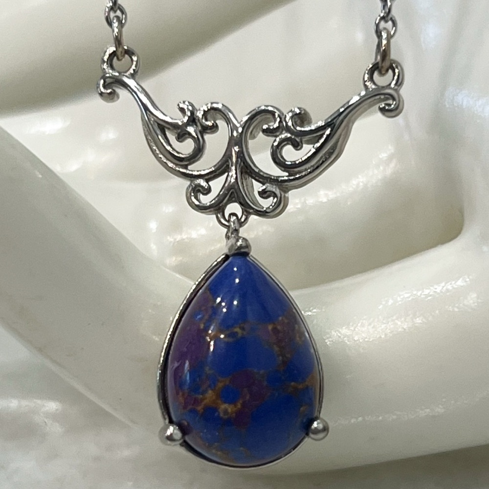 Purple Turquoise Pear Shape 18” Silver Necklace